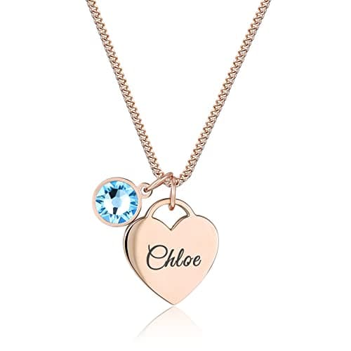 Image of TMT Personalised Name Necklace with Birthstone Heart Pendant gift box | Initial Necklace engraved for Daughter Mum Best Friend Girlfriend | Birthday gift for 18th 21th 30th 16th 13th