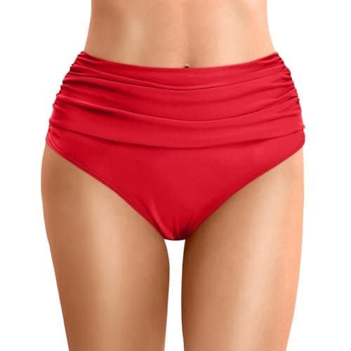 Image of Women's Bikini Bottoms High Waisted Swim Trunks TumControl Swimming Brief Panties Bathing Suit Full Coverage Swim Bottom Swimsuit Swimwear Ladies for Women Summer Bathing Shorts (1-Red, L)