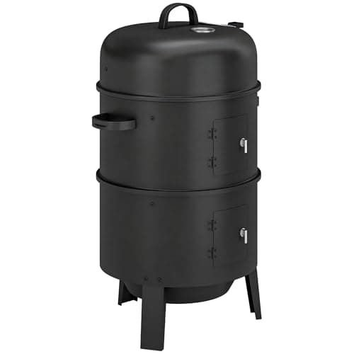 Image of Outsunny 3-in-1 Vertical Barbecue Charcoal Smoker with 2 Grill Grates, Built-in Thermometer, Adjustable Vent, 2 Doors, Outdoor BBQ Smoker Grill for Camping, Parties, Picnic