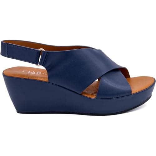 Image of CIARA LONDON Ladies Open Toe Slip On Mid Heel Wedge Hook And Loop Casual Summer Sandals, Navy, UK 5