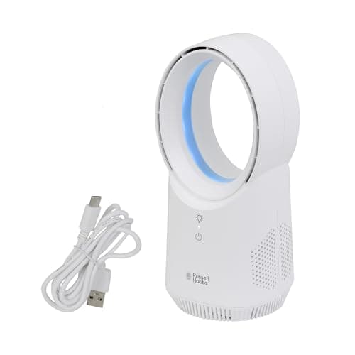 Image of Russell Hobbs Compact Wireless Desk Fan, 3 Speed Settings, Bladeless Design, Ambient Lighting in White, RHBLDLUSB25