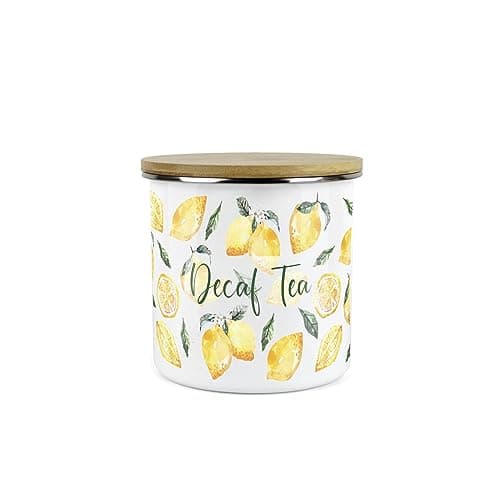 Image of Purely Home Lemons Decaf Tea Canister - White Metal Enamel Medium Sized Kitchen Food Storage Container