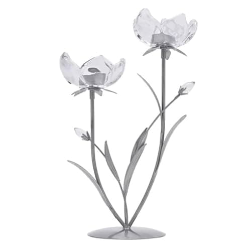 Image of Widdop & Co. Hestia 2 Stem Candle Holder - 36cm Tall Silver Metal Base with Clear Glass Flower Cups - Elegant Floral Design Tealight Holder for Home Décor, Mantel or Table Centrepiece
