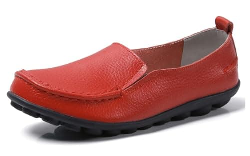 Image of Sunporx Women Casual Leather Loafers Driving Moccasins Slip-on Comfort Non-Slip Round Head Soft Work Walking Flat Ladies Penny Loafer Shoes Red