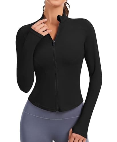 Image of JoyGirl Womens Running Jacket Long Sleeve Cropped Workout Yoga Sport Tops Lightweight Athletic Zip Up Gym T-Shirt with Thumb Holes (Black, S)