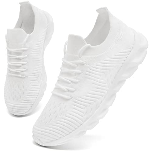 Image of VLHGCG Trainers Men Women Non Slip Running Shoes Comfortable Lightweight Tennis Walking Trainer Gym Slip on Workout Shoes Breathable Mesh Sneakers White Size UK 9.5