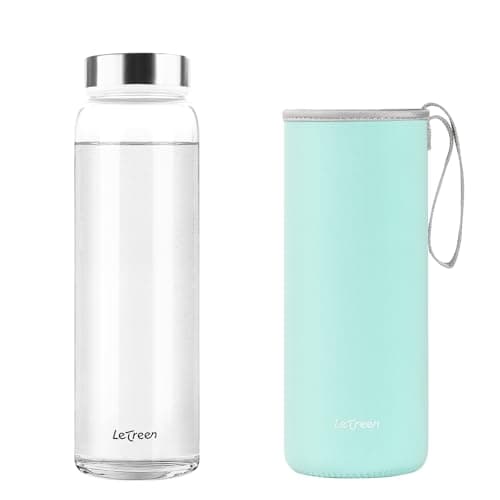 Image of LETREEN Glass Water Bottle 1 Litre, Wide Mouth Water Bottle 1L with Neoprene Sleeve, BPA-Free Leak Proof Reusable 1000ML Drinking Bottles for Hot Cold Drinks, Work, Gym, Home, 1 Pack