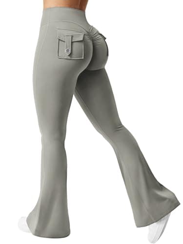 Image of ZAAYO Flare Leggings with Pockets for Women Scrunch Butt Sport Leggings High Waist Bootcut Leggings for Workout Gym Yoga Casual Light Gray Medium