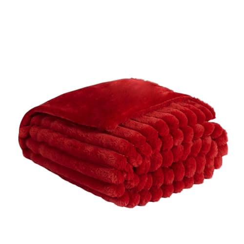 Image of OHS Throws for Sofa Ribbed Faux Fur, Decorative Thick Soft Blanket Bed Throw Cosy Warm Winter Blanket Throws for Sofa Decorative Couch Cover, 125 x 150cm - Red