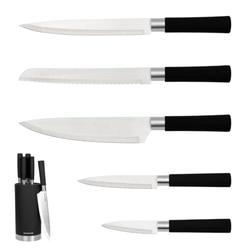 Image of Blackmoor Orb 5 Piece Knife Set with Storage Stand/Stainless Steel Knives with Soft Grip Handles & Brushed Steel or Wood Detail/Easy Clean Essential Kitchen Accessory (Black & Brushed Steel)