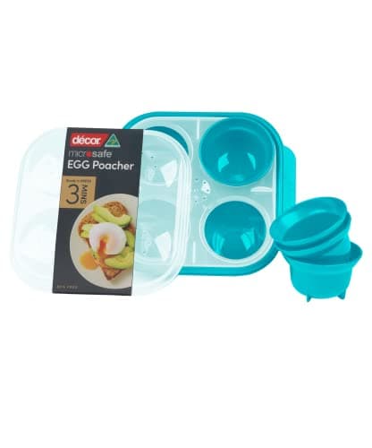 Image of Décor Microsafe Microwave Steam Egg Poacher. Cooks 1-4 Eggs at Once in Under 3 Minutes. BPA Free and Fully Dishwasher and Freezer Safe. with Safety Hold Handles and steam Release Vents. Teal.