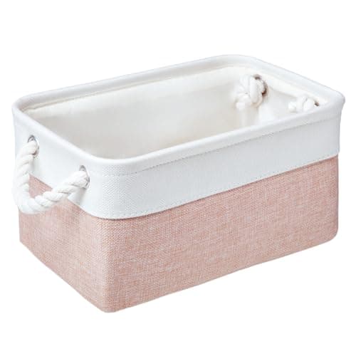 Image of PWVMWM Small Storage Box With Handles, Small Storage Baskets As Gift Basket for Toys Towels Makeup, Folding Canvas Fabric Material Storage Box for Dog Cat Toy Box, 31 X 21 X 16 cm (White Pink-1pcs)