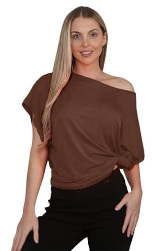 Image of janisramone Womens Ladies New Plain Off Shoulder Tie Knot Front Short Sleeve Baggy Oversized Crop T-Shirt Top Brown