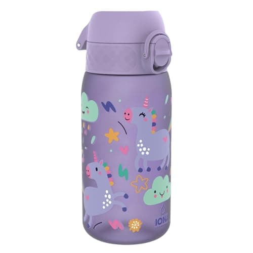 Image of Ion8 Kids Water Bottles, BPA Free, Leakproof, Dishwasher Safe, Easy Open, Secure Lock, Small Boys & Girls Water Bottle,Kids Drinks Bottle for Spill-free Drinking, Purple, Unicorns, 350ml/12oz