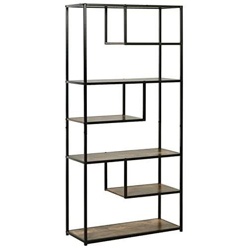 Image of HOMCOM 6 Tier Bookcase, Industrial Tall Shelf Unit with Steel Frame for Home Office, Study, Living Room, Hallway, 82 x 33.5 x 175 cm, Rustic Brown and Black