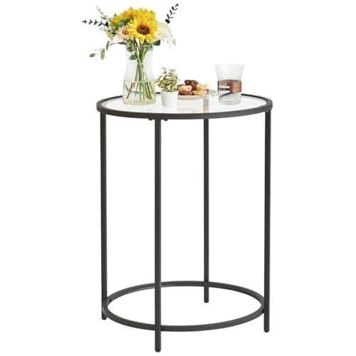 Image of YMYNY Round Side Table, 2 Tier Accent Table, Tempered Glass End Table, Small Coffee Table, Sofa Table, Bedside Table, Modern Style, for Living Room, Bedroom, Balcony 50×50×65CM Black HGD020B