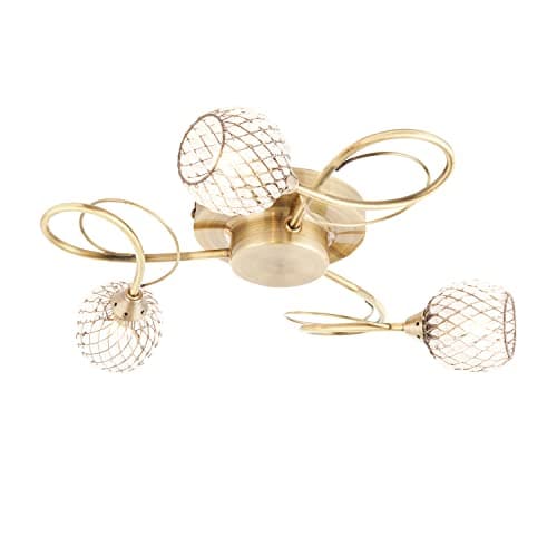 Image of National Lighting Elegant 3 Way Antique Ceiling Light – Curved Arm Semi Flush Living Room Light - Mesh and Beads Glass Globe Shade – IP20 Indoor Ceiling Lighting Lounge Bedroom Dining Room Hallway