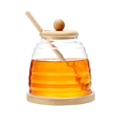 Image of APOMOONS Honey Jar with Dipper and Lid, 300ml Glass Honey Pot with Dipper Set, Glass Honey Containers for Storing and Dispensing Honey