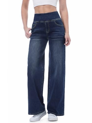 Image of Chasehot Pull on Wide Leg Jeans for Women, High Waisted Stretchy Baggy Trendy Tummy Control Straight Leg Jeans Denim Pants Dark Indigo Wash-M