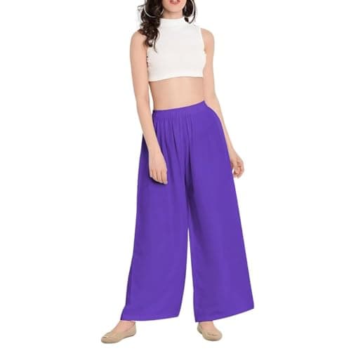 Image of Prime fashions - Women Plain Flared Palazzo – Trousers - Wide Leg Flared Pants – Elasticated Waist – Casual Wear (20-22 Purple)