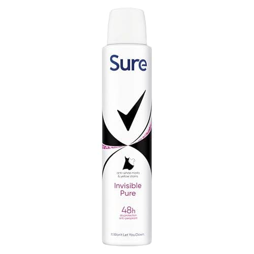 Image of Sure Invisible Pure Anti-Perspirant Aerosol Women's Deodorant Spray that protects against white marks and yellow stains for 48 hour protection against sweat and odour 6x 200 ml
