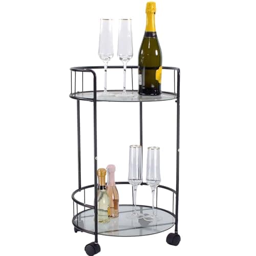 Image of Dylex 2 Tier Black Drinks Trolley Bar Serving Cart on Wheels With Two Glass Shelves Drinks Storage Trolley