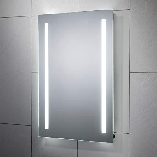 Image of Pebble Grey Bathroom Mirror with LED Lights 700x500mm IP44 – Arlo Wall Mounted Bathroom LED Mirror Battery Operated, Rotatable Rectangular Aluminum Frame Lighted Unit with Rocker Switch for Vanity Use
