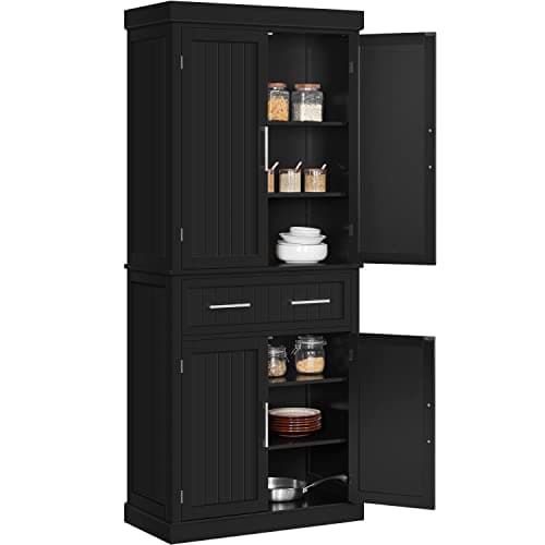 Image of Yaheetech Tall Kitchen Pantry Cupboard, 183.5cm Freestanding Storage Cabinet with Drawer, 4 Doors, 2 Adjustable Shelves for Home Dining Living Room, Black