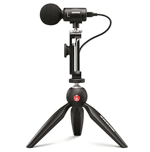 Image of Shure MV88+ Video Kit - Digital Stereo Condenser Microphone for Apple and Android, with Manfrotto PIXI Tripod, Phone Clamp, Mount, iOS and USB-C Cables for Next-Level Compatibility and Connectivity