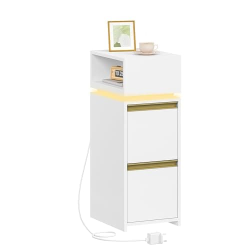 Image of HEXCELEN Slim Bedside Table, Bedside Cabinet with LED Lighting, Small Nightstand with 2 Drawers and 1 Open Space, Side Table, for Bedroom, Living Room, Modern, White