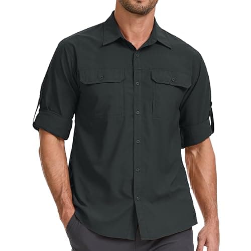 Image of mosingle Mens Long Sleeve Sun Protection Shirt UV Quick Dry Breathable Fishing Safari Shirts for Hiking Walking Travel Camping #5062-Charcoal Grey-XXL