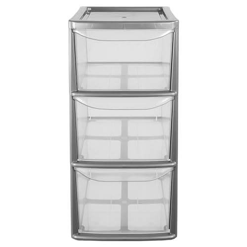 Image of Medium Lightweight & Strong Silver Plastic Storage Tower Unit With 3 Clear Drawers (1)