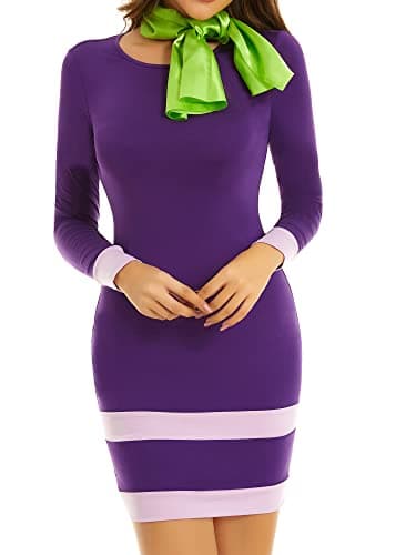 Image of MSBASIC Scooby Doo Daphne Long Sleeve Mini Costume Halloween Dress with Scarf, purple, S