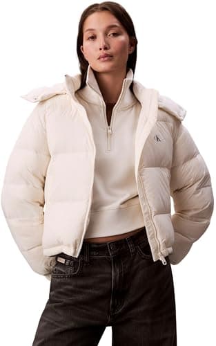 Image of Calvin Klein Women’s Essential Mid Weight Puffer Jacket with Hood, Off-White (Jet Stream), L