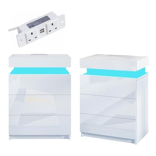 Image of Senvoziii 2Pcs White Bedside Table with Charging Station LED Light Nightstand High Gloss Bedside Cabinet Unit with 3 Drawers & Flip Cover for Bedroom Living Room