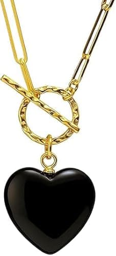 Image of Gempires Gemstone Heart Front Toggle Necklace for Women | Black Obsidian Heart Pendant on Gold Paperclip Chain | Front Toggle Clasp Jewelry | Dainty Minimal Necklace Gift for Her