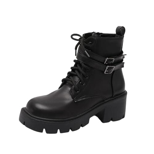 Image of Zeiayuas Combat Boots for Women Black Lace up Ankle Boots Fashion Mid Claf Booties Causal Side Zipper Chunky Block Low Heel Booties Motorcycle Biker Riding Boot Fashion Vintage Western Boot Ladies