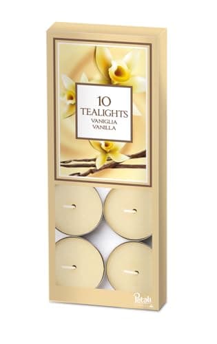 Image of Prices's Candles Aladino Vanilla Scented Tea Lights 10 Pack Long Burning Warm Sweet Vanilla Wax Tealights Glass Home Decor Ambient Fragrance Candle Set