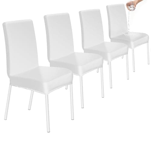 Image of HOZKUY Stretch PU Dining Chair Covers Set of 4 Waterproof Faux Leather High Back Chair Slipcovers Washable Universal Chair Protector for Dining Room Kitchen Hotel Restaurant Home Wedding, White