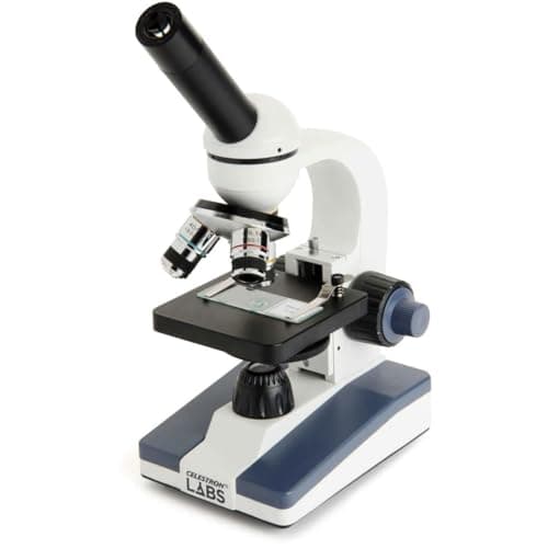 Image of Celestron CM1000C Compound Microscope w/40x - 1000x power, 3AA batteries, 10 prepared slides, 10x and 25x eyepieces, 3 Fully achromatic objectives, Coaxial focus, AC adapter