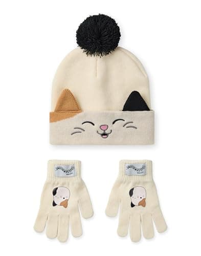 Image of Squishmallows Beanie Hat & Gloves Set | Childrens Knitted Winter Hat with Cam The Cat Character in Beige | Kids One Size Cold Weather Hat & Gloves with Pom Poms | Plush Toy Merchandise Gift