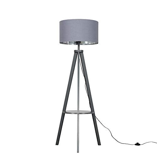 Image of MiniSun | Modern Grey Wood Tripod Design Floor Lamp with Storage Shelf & Grey/Chrome Drum Shade - Complete with a 6w LED Bulb [3000K Warm White] | Floor Lamps & Home Improvements Essential