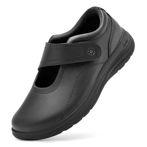 Image of FitVille Womens Wide Fit Mary Jane Shoes, Comfortable Ladies Slip on Loafers, Lightweight Casual Dress Shoes with Adjustable Straps, JetBlack, 6.5 UK Wide