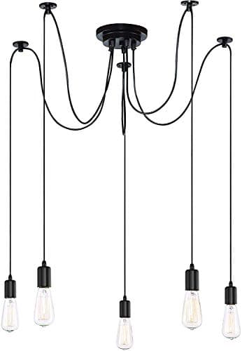 Image of iDEGU Modern and Retro Pendant Light, 5 Arms DIY Spider Chandelier Creative Adjustable 150CM Vintage Ceiling Pendant Lamp Fixture with E27 Socket, Black (5 Lights)
