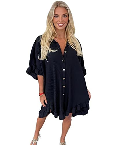 Image of eyes Women’s Gold Button Pleated Short Sleeve Plain Collared Frill Hem Ladies Casual Loose Fit Oversized Baggy Plus Size Swing Summer Dresses for Women Black One Size 8-22