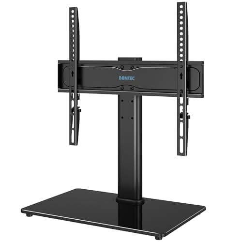 Image of BONTEC Universal TV Stand for 24–60 Inch LCD LED OLED Plasma TVs, Height Adjustable Table Top Pedestal with Bracket, 8mm Tempered Glass Base, 45kg Load, Max VESA 400x400mm, Cable Management