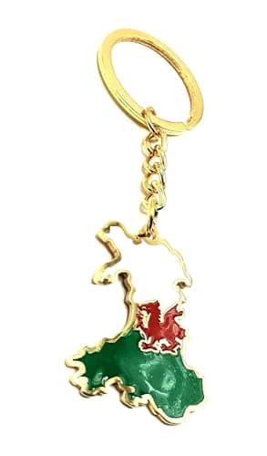 Image of SNS Components Wales Welsh Map Outline Cymru Red Dragon United Kingdom Gold Country Flag Key Ring Chain Metal Enamel Keyring