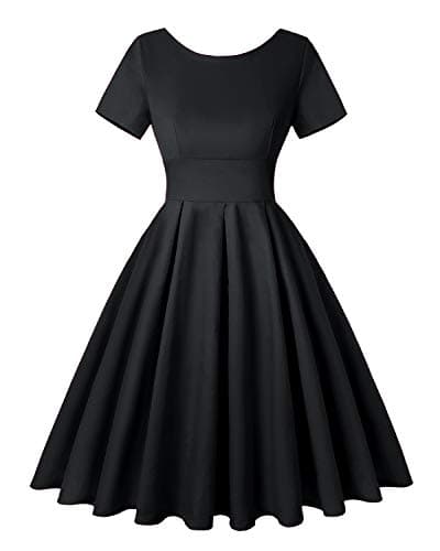 Image of MINTLIMIT Women's Classy Crew Neck Short Sleeve Floral Retro Swing Pleated Dress (Solid Black,Size XXL)