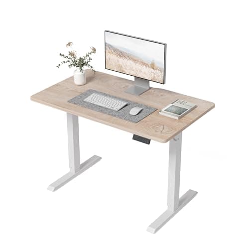 Image of FEZIBO Height Adjustable Electric Standing Desk, 100 * 60 cm Stand up Table, Sit Stand Home Office Desk with Splice Board, White Frame/Oak Top