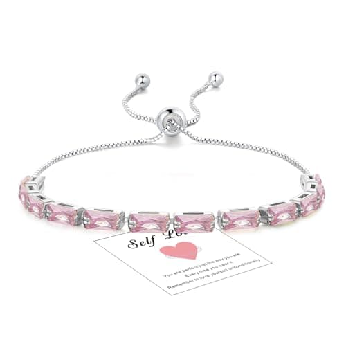 Image of HEEYA Pink Bracelets for Women, Sterling Silver Bracelet, Silver Crystal Friendship Bracelet, Adjustable Tennis Bracelets Cubic Zircona Lady Birthday Jewellery Gifts for Women